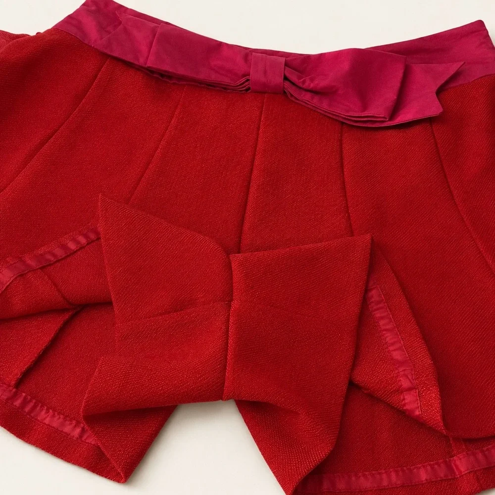Anthropologie Maeve Paneled Skirty Shorts Red Pink Bow Waist Size 4
